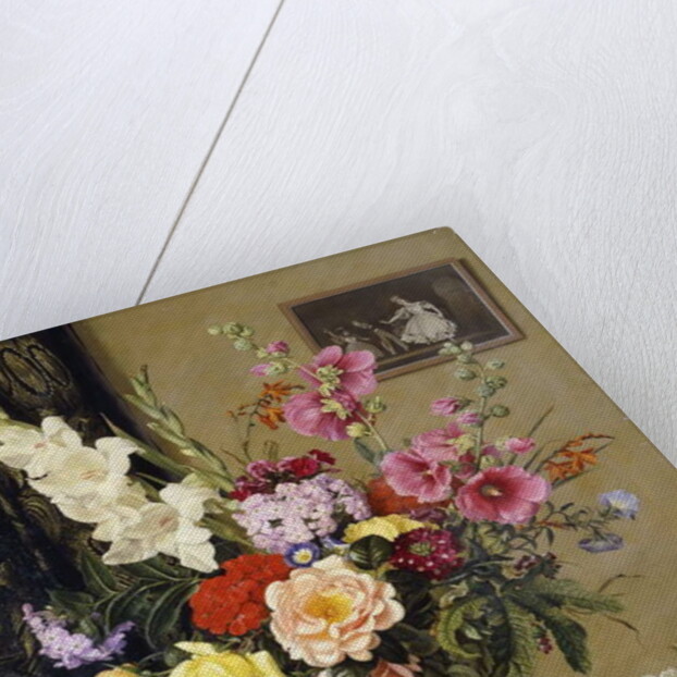 Still Life with Gladioli, Roses and Hollyhocks before an Embroidered Curtain by Albert Williams