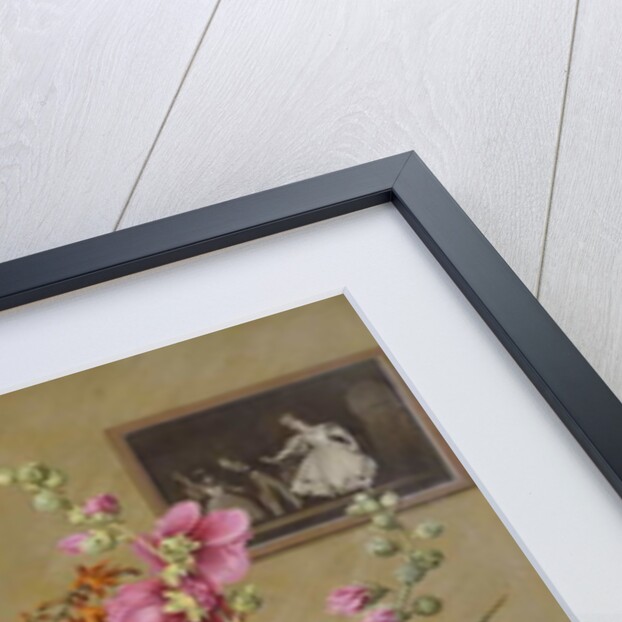 Still Life with Gladioli, Roses and Hollyhocks before an Embroidered Curtain by Albert Williams