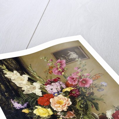 Still Life with Gladioli, Roses and Hollyhocks before an Embroidered Curtain by Albert Williams