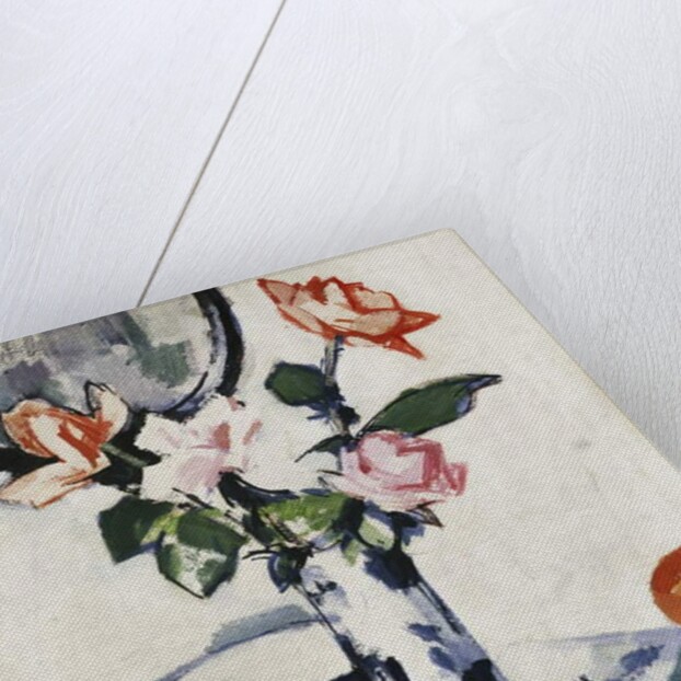 Pink and Tangerine Roses in a Blue and White Beaker Vase with Oranges in a Bowl and a Black Fan, c. 1924 by Samuel John Peploe