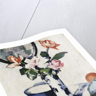 Pink and Tangerine Roses in a Blue and White Beaker Vase with Oranges in a Bowl and a Black Fan, c. 1924 by Samuel John Peploe