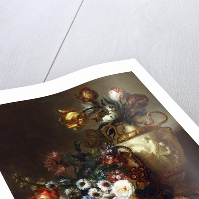 Tulips in a Vase and Roses in a Basket on a Stone Ledge by Ange-Louis-Guillaume Lesourd-Beauregard