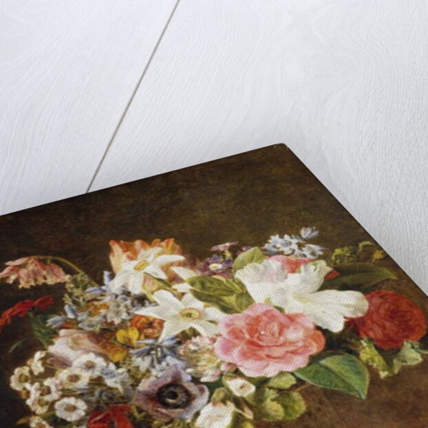 Roses Tulips and other Flowers in a Porcelain Tankard on a Draped Ledge by Alfred Morgan