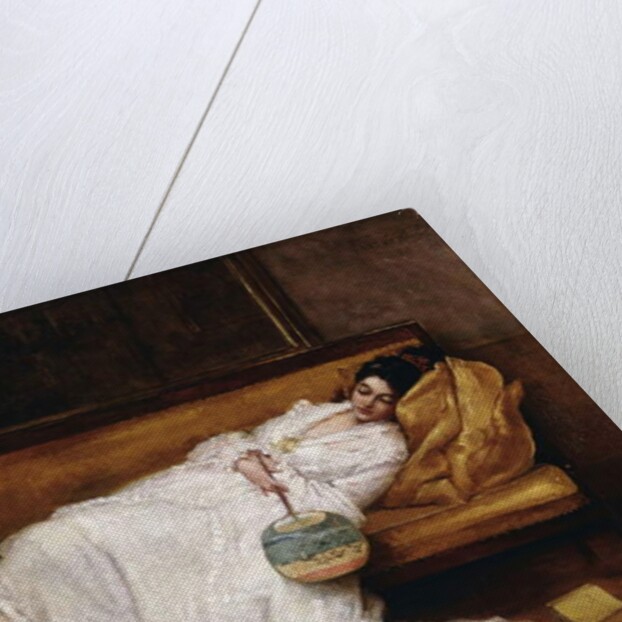 A Girl with a Japanese Fan Asleep on a Sofa, by Alfred Emile Stevens
