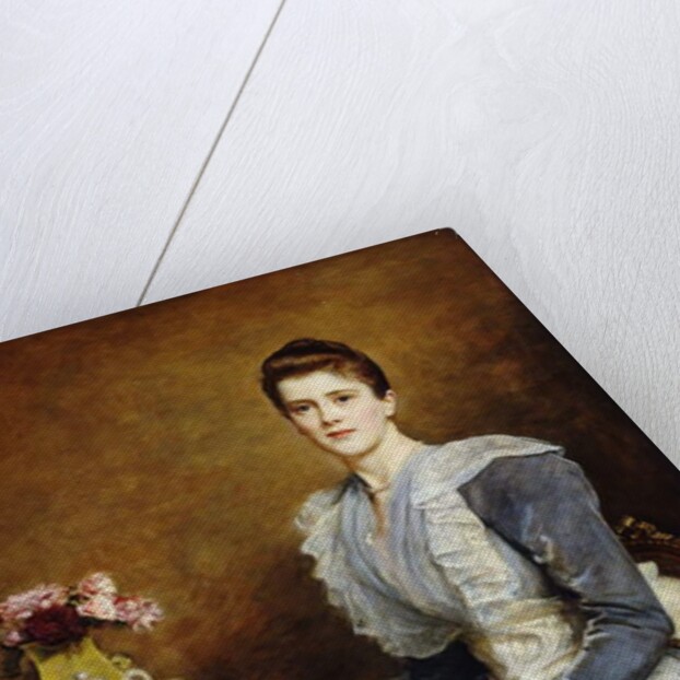 Portrait of Mrs. Joseph Chamberlain, seated three-quarter length at a tea-table, wearing a grey and white dress, 1891 by John Everett Millais