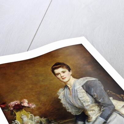 Portrait of Mrs. Joseph Chamberlain, seated three-quarter length at a tea-table, wearing a grey and white dress, 1891 by John Everett Millais