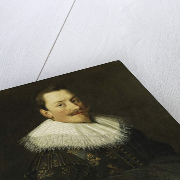 Portrait of a Gentleman, Standing half length, Wearing a Blue Costume with Gold Embroidery and a White Lace Collar by Paulus Moreelse