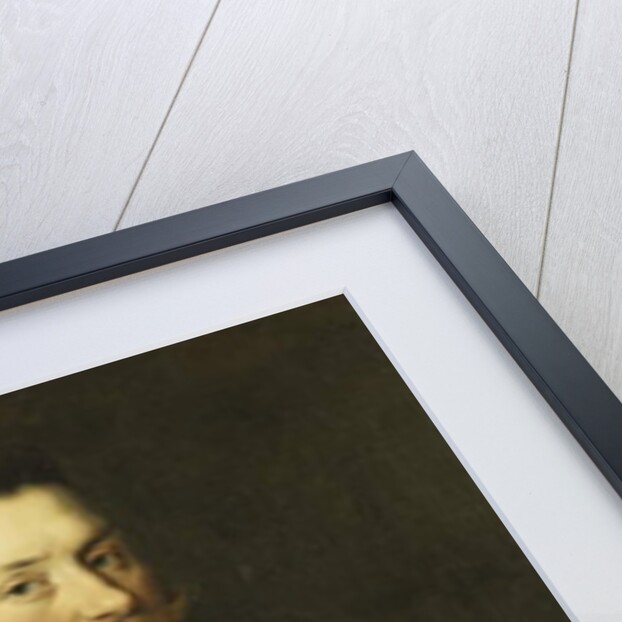 Portrait of a Gentleman, Standing half length, Wearing a Blue Costume with Gold Embroidery and a White Lace Collar by Paulus Moreelse