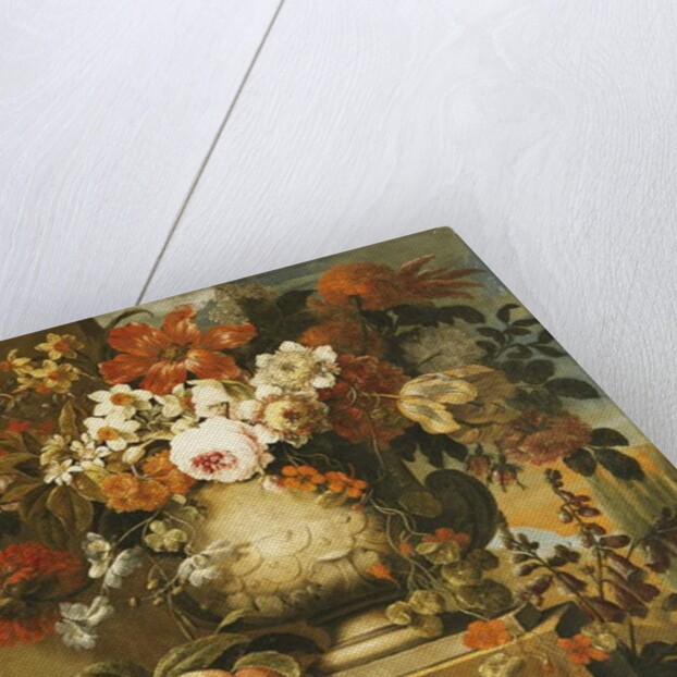 Flowers in Urns on Plinths with Fruit by Gaspar Pieter II Verbruggen