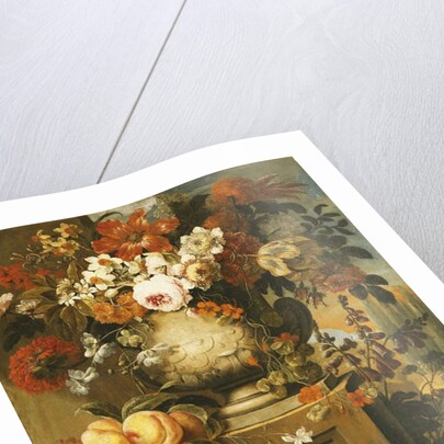 Flowers in Urns on Plinths with Fruit by Gaspar Pieter II Verbruggen