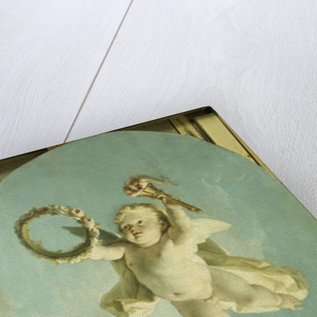 A Putti in Flight Holding a Wreath and a Torch by Francois Boucher