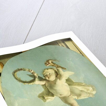 A Putti in Flight Holding a Wreath and a Torch by Francois Boucher