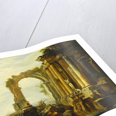 A Capriccio of Classical Ruins with the Pyramid of Cestius and Figures in a Landscape by Giovanni Paolo Pannini