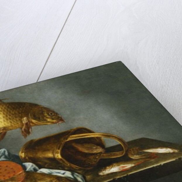 A Pike, Carp, Tench and Roach with a Sieve and a Brass Bucket on a Ledge, 1661 by Abraham Susenier