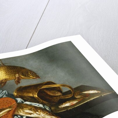 A Pike, Carp, Tench and Roach with a Sieve and a Brass Bucket on a Ledge, 1661 by Abraham Susenier