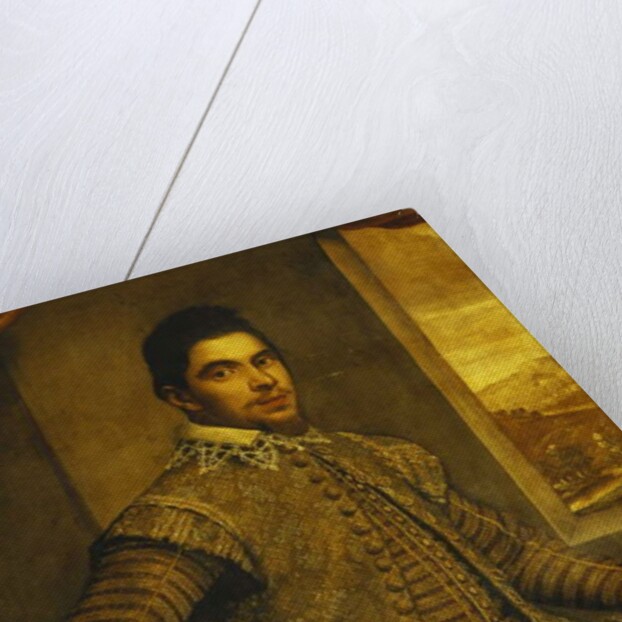 Portrait of a Gentleman, Standing Three-Quarter Length, Wearing an Elaborately Embroidered Costume, Before a Window, a Landscape Beyond by Domenico Robusti Tintoretto