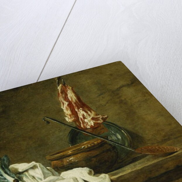 Beets, a Spice Box, a Dishcloth, a Pot, a Glazed Earthenware Plate, a Skimmer, with Meat on a Hook, on a Ledge, 1734 by Jean-Baptiste Simeon Chardin