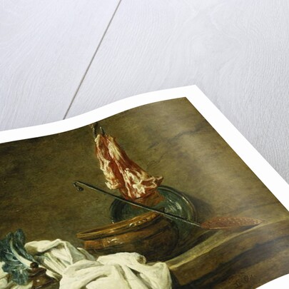 Beets, a Spice Box, a Dishcloth, a Pot, a Glazed Earthenware Plate, a Skimmer, with Meat on a Hook, on a Ledge, 1734 by Jean-Baptiste Simeon Chardin