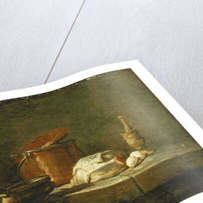 Leeks, a Casserole, a Copper Pot with a Cover, a Slice of Fish, an Onion and Two Eggs, with a Pestle and Mortar, on a Ledge, 1734 by Jean-Baptiste Simeon Chardin