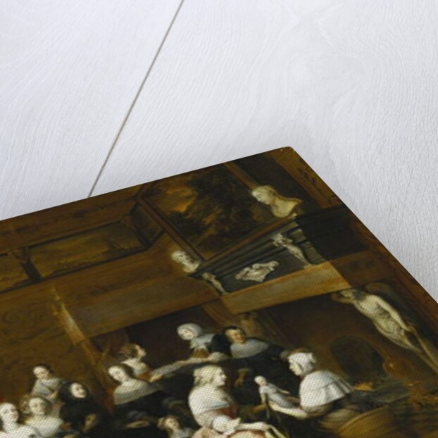 Ladies Celebrating the Birth of a Child, and Gentlemen Looking on from Behind a Screen, in an Interior, by Hieronymus Janssens