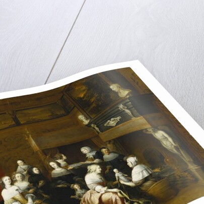 Ladies Celebrating the Birth of a Child, and Gentlemen Looking on from Behind a Screen, in an Interior, by Hieronymus Janssens