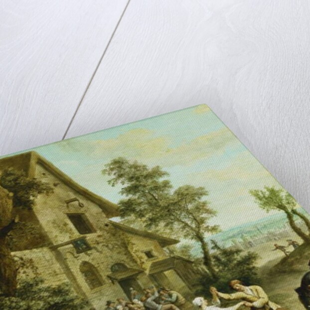 Peasants Dancing and Merry-Making Before a Tavern, a Walled Town Beyond, by Louis Joseph (1731-98) Watteau