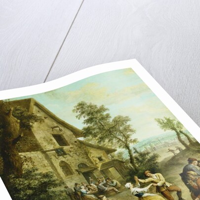 Peasants Dancing and Merry-Making Before a Tavern, a Walled Town Beyond, by Louis Joseph (1731-98) Watteau