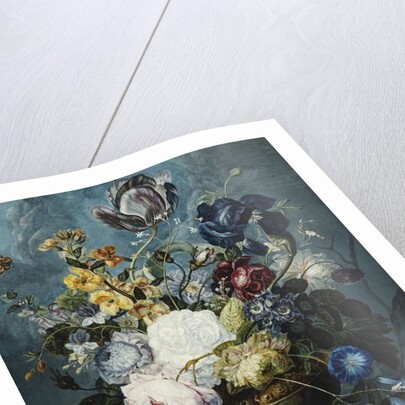 Roses, a Tulip, an Iris, Dahlias, Lamium, Forget-me-nots, Convolvulus, Auricula and Delphiniums in a Vase with Grapes and Peaches on a Stone Ledge by Ladislaus Tumal