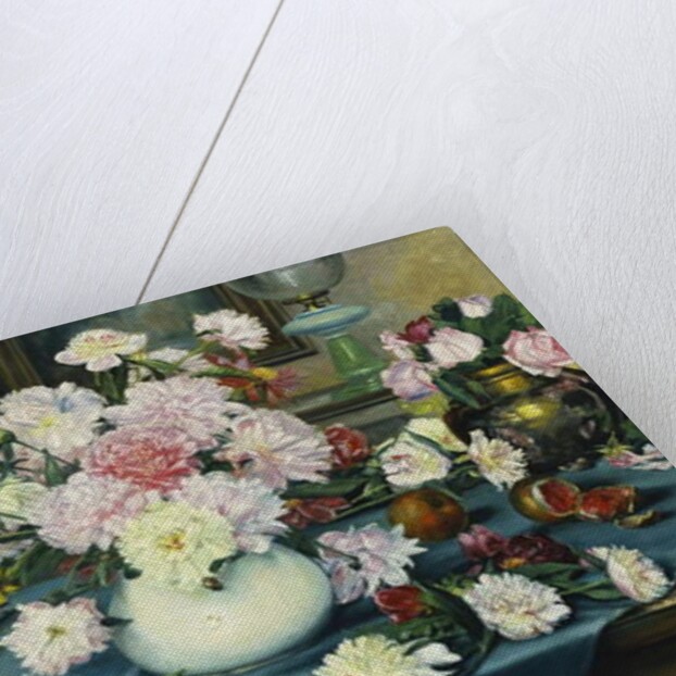 Peonies, Roses and other Flowers in Vases on a Table draped with a Blue Cloth, 1913 by Anna Knittel