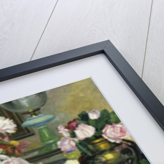 Peonies, Roses and other Flowers in Vases on a Table draped with a Blue Cloth, 1913 by Anna Knittel