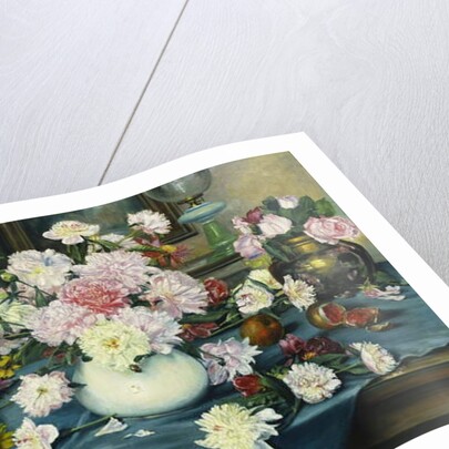 Peonies, Roses and other Flowers in Vases on a Table draped with a Blue Cloth, 1913 by Anna Knittel