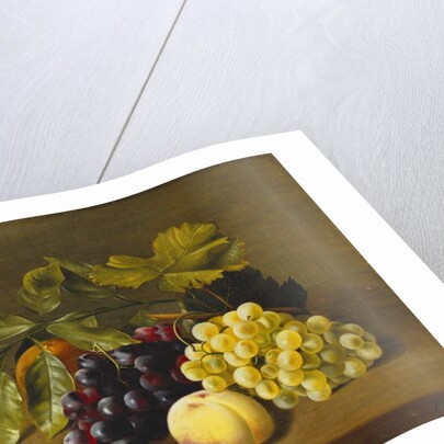 A Peach, an Orange and Grapes on a Wooden Ledge by William Hammer