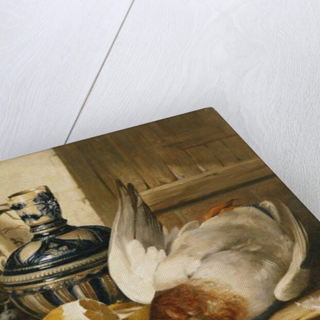 A Mallard, a Jug, a Peeled Lemon, Grapes and Shrimps on Draped Ledge by Edward Ladell