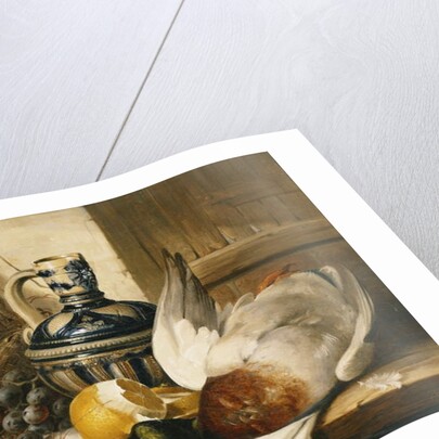 A Mallard, a Jug, a Peeled Lemon, Grapes and Shrimps on Draped Ledge by Edward Ladell