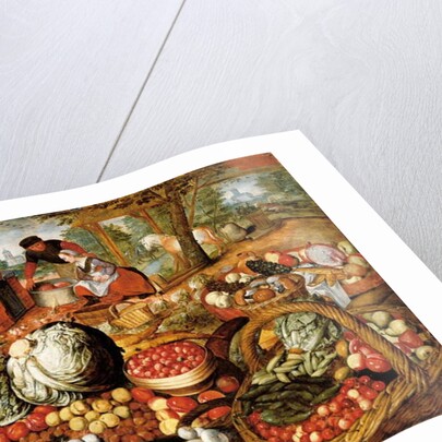 A greengrocer's stall with the Flight Into Egypt beyond by Joachim Beuckelaer or Bueckelaer