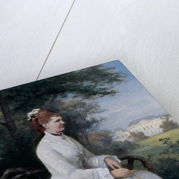Portrait of Princess Emma von Waldeck-Pyrmont seated on a bench in the park of the Palace Het Loo by Piet Schipperus