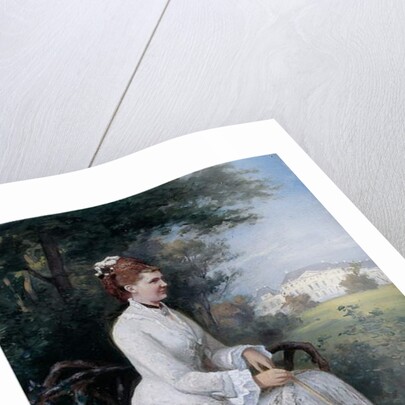 Portrait of Princess Emma von Waldeck-Pyrmont seated on a bench in the park of the Palace Het Loo by Piet Schipperus