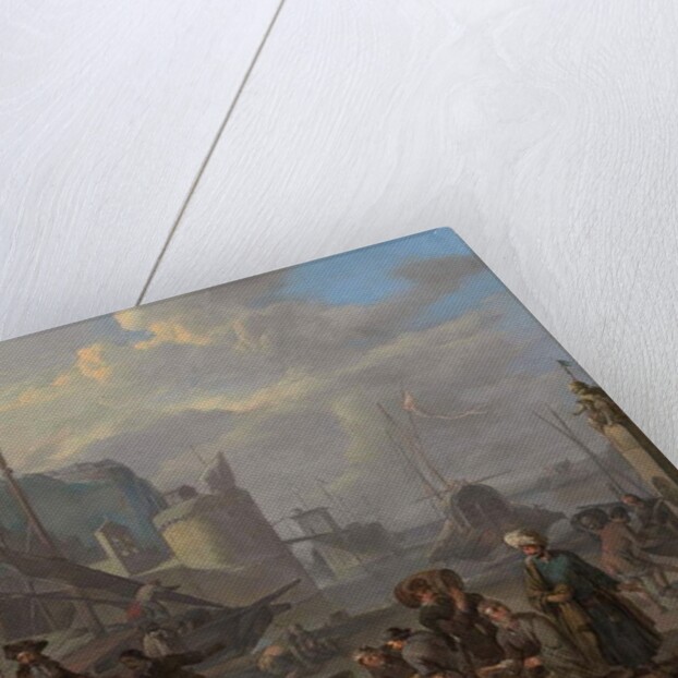 A Mediterranean port with an elegant couple and travellers resting by the quay by Johannes Lingelbach