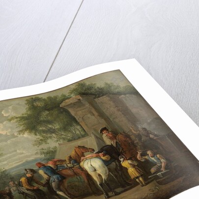 A military blacksmith shoeing horses by a ruin by Pieter van Bloemen