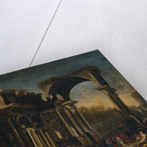 Capriccio with Roman ruins and Christ with the Woman Taken in Adultery by Francesco Maglioli