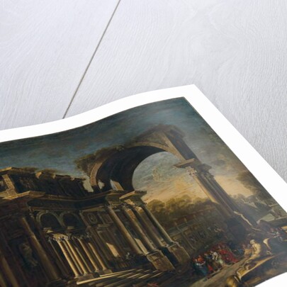 Capriccio with Roman ruins and Christ with the Woman Taken in Adultery by Francesco Maglioli