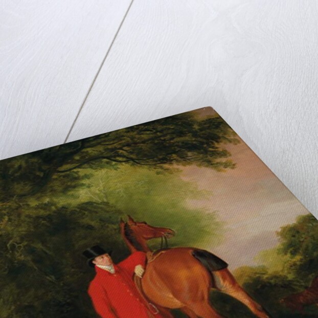 Portrait of Lord Lismore in a hunting coat with his bay hunter and a hound, in a landscape, a hunting party beyond by John E. Ferneley