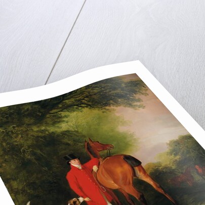 Portrait of Lord Lismore in a hunting coat with his bay hunter and a hound, in a landscape, a hunting party beyond by John E. Ferneley