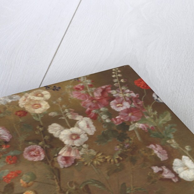 Composition of flower studies including carnations, pincushion flowers, bouncing bet, mallow; hollyhocks, African marigols, forget-me-nots by Hyacinthe Francois Rigaud