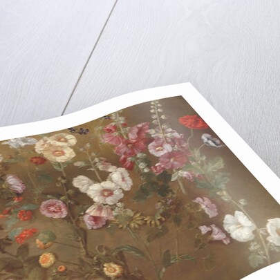 Composition of flower studies including carnations, pincushion flowers, bouncing bet, mallow; hollyhocks, African marigols, forget-me-nots by Hyacinthe Francois Rigaud