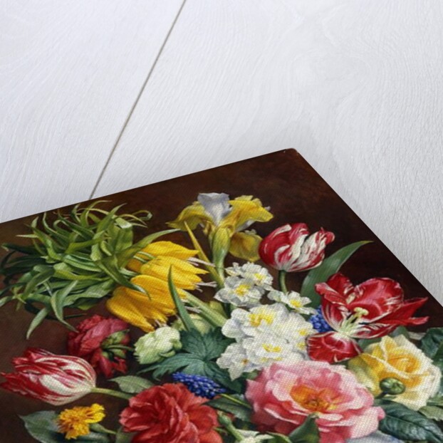 Tulips, Roses, Narcissi and other Flowers in a Blue and White Vase by R. Klausner