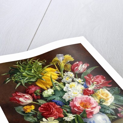 Tulips, Roses, Narcissi and other Flowers in a Blue and White Vase by R. Klausner