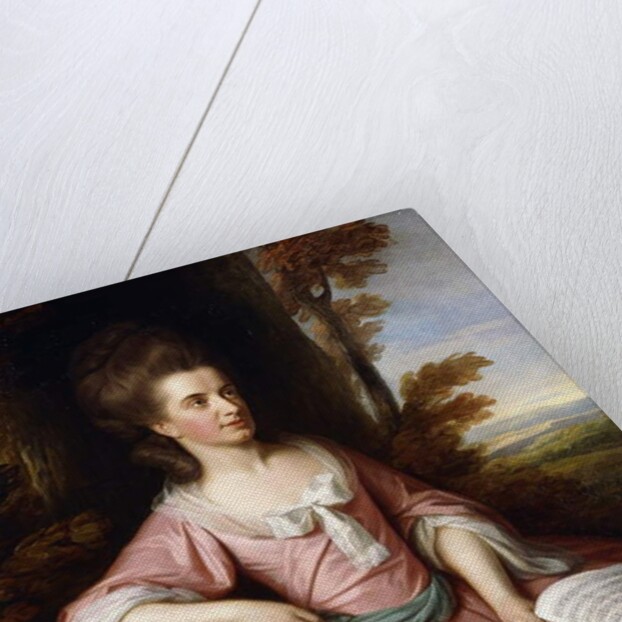 Portrait of Martha Ray, seated three-quarter-length, in a Pink Dress with a Blue Sash, holding a Musical Score, in a Landscape, 1777 by Nathaniel Dance