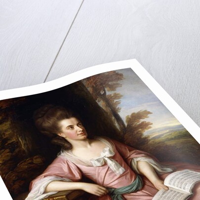 Portrait of Martha Ray, seated three-quarter-length, in a Pink Dress with a Blue Sash, holding a Musical Score, in a Landscape, 1777 by Nathaniel Dance