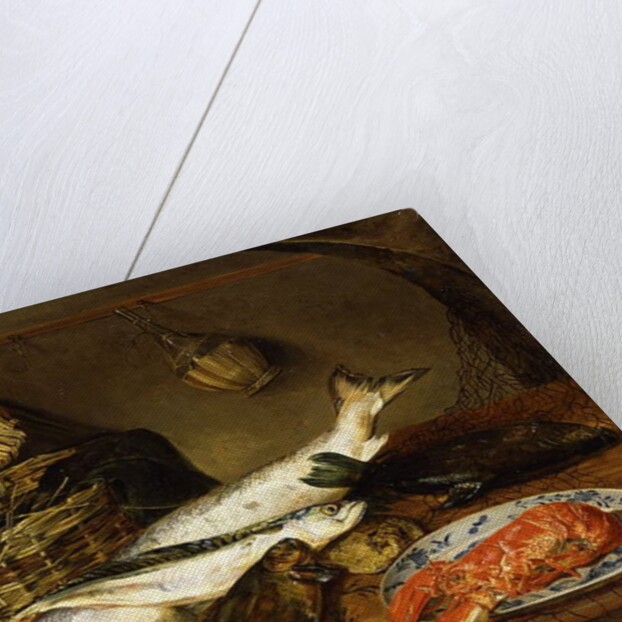 A Salmon, a Mackerel, a Lobster on a Plate, a Wicker Basket, Oysters, a Chianti Bottle and a Fisherman's Net on a Wooden Table, 1854 by Emily Stannard